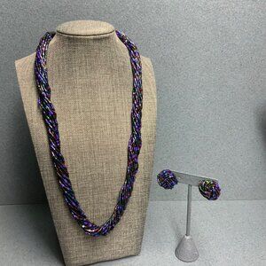 Braided Seed Bead Necklace 24 In Button Earrings Multicolor Purple Vintage 80s